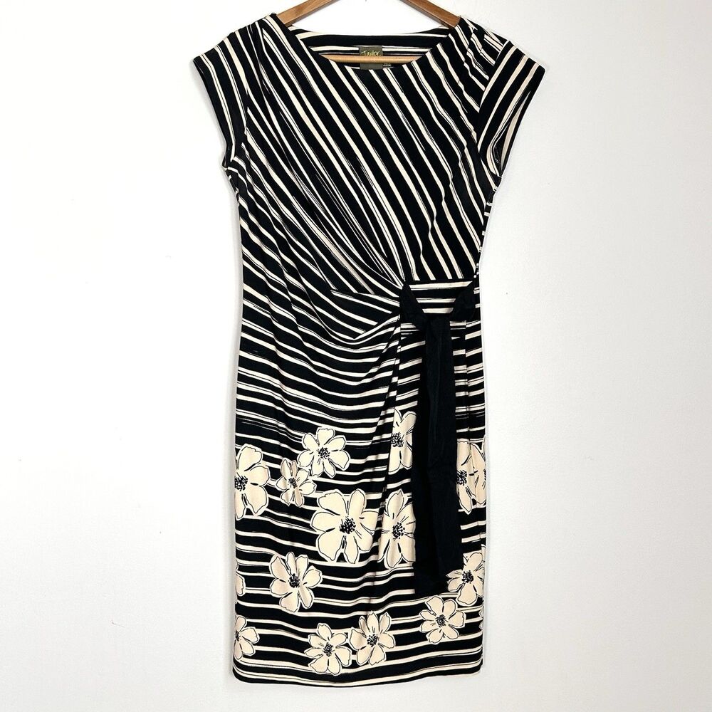 Taylor Black White Striped Floral Sheath‎ Dress Tie Waist Size 8
